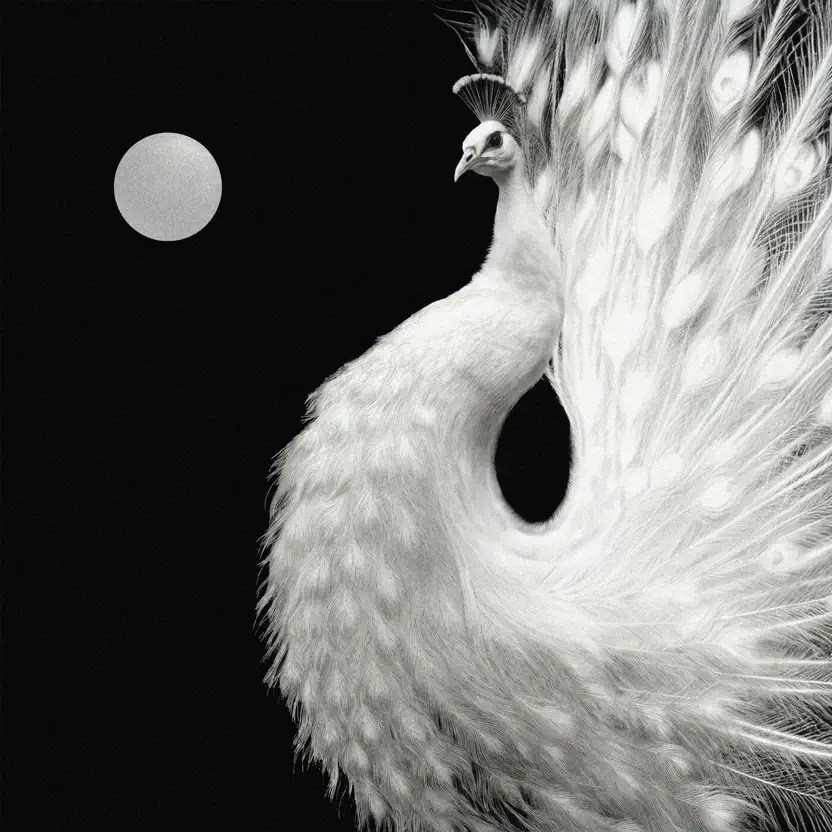A white peacock displaying its feathers against a black background, with a circular moon-like object above.