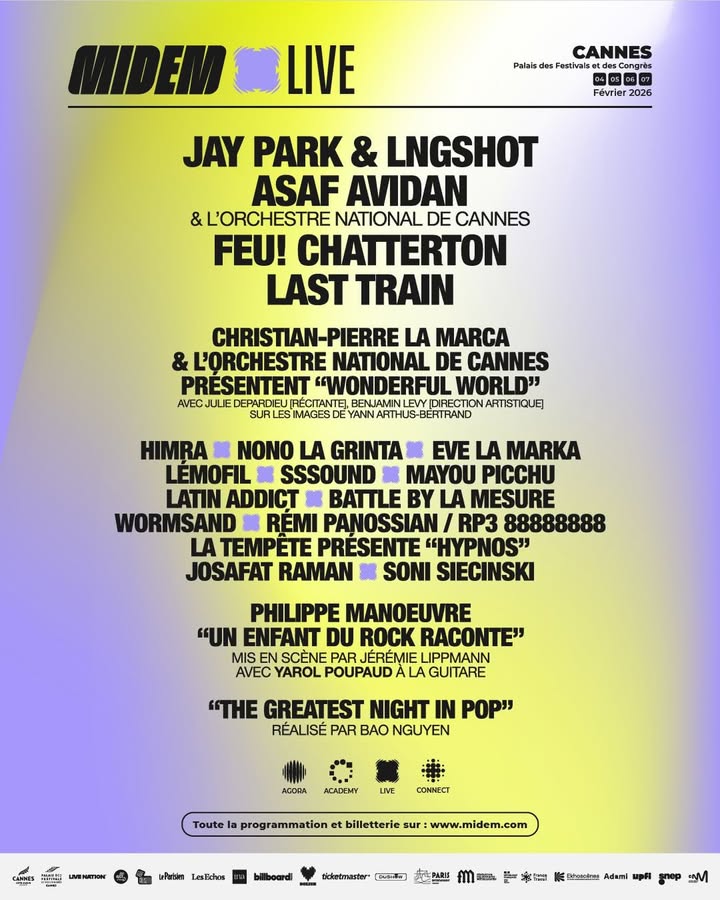 Promotional poster for MIDEM Live 2026 in Cannes featuring Jay Park & LNGSHOT Concert 2026 – Cannes, France
