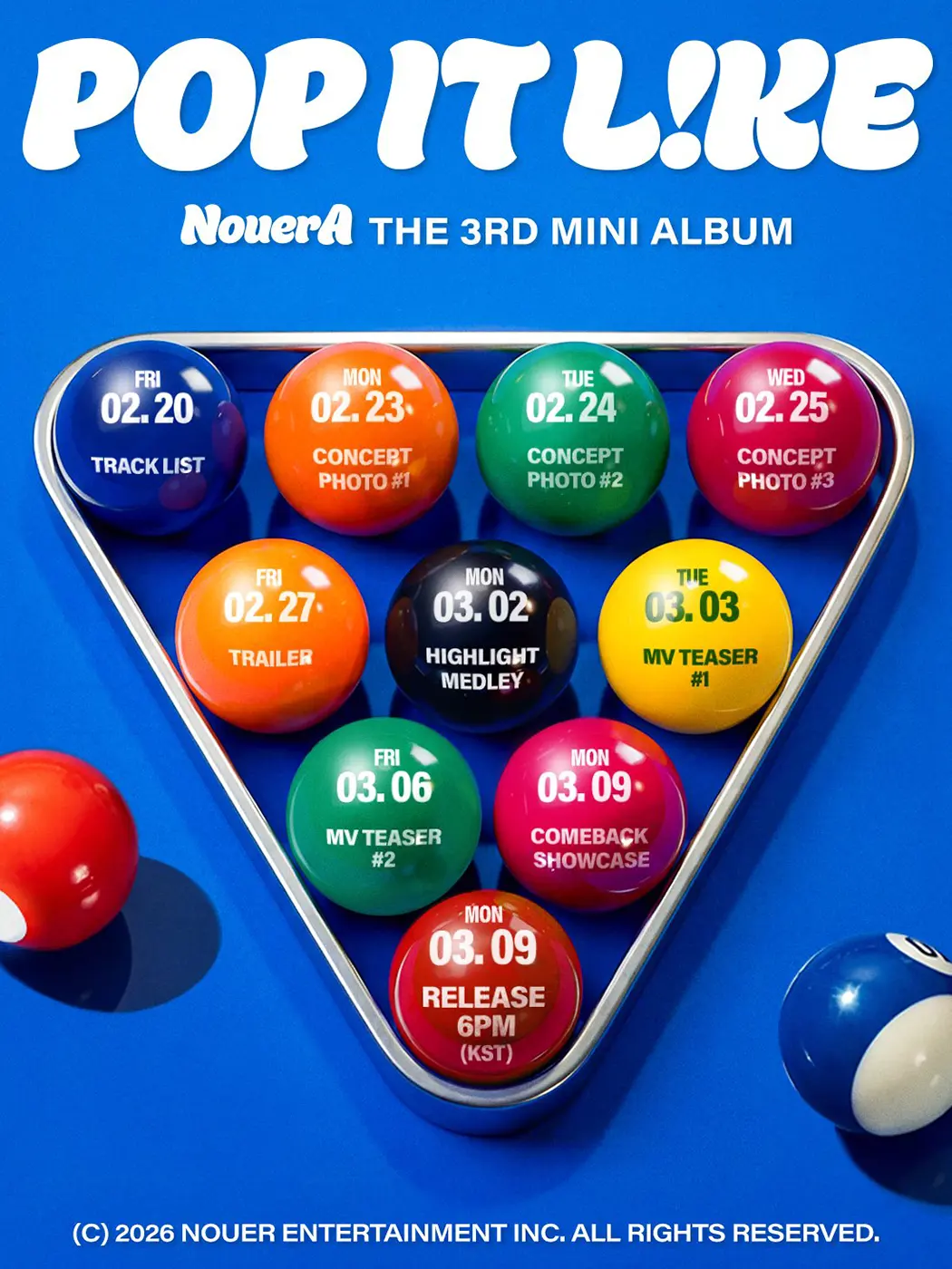 Promotional image for NouerA's 3rd mini album 'POP IT L!KE', featuring a colorful arrangement of balls with dates and events including track list, concept photos, teasers, and release details.