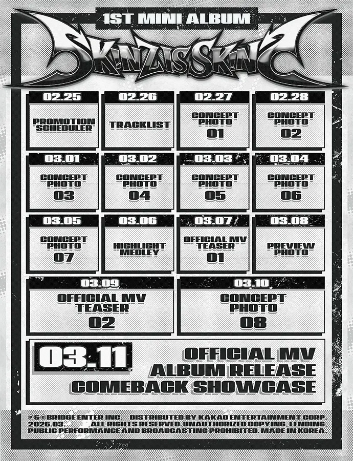 SKINZ Promotional schedule for 1st mini album SKINZ IS SKINZ featuring important release dates and content teasers.