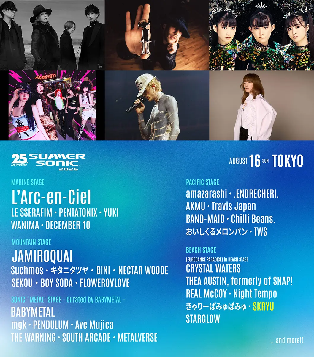 Promotional image for the 2026 Summer Sonic Festival in Tokyo, featuring various artists and stage lineups including L'Arc-en-Ciel, Jamiroquai, and Babymetal, with event details and date.