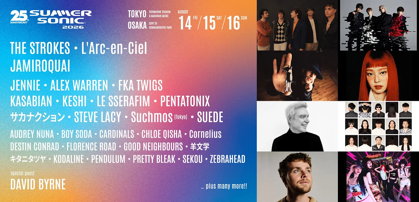 Promotional poster for Summer Sonic 2026 music festival featuring a lineup of artists including Jennie, LE SSERAFIM, The Strokes, L'Arc-en-Ciel, Jamiroquai, and special guest David Byrne. Dates listed as August 14, 15, and 16 in Tokyo and Osaka.