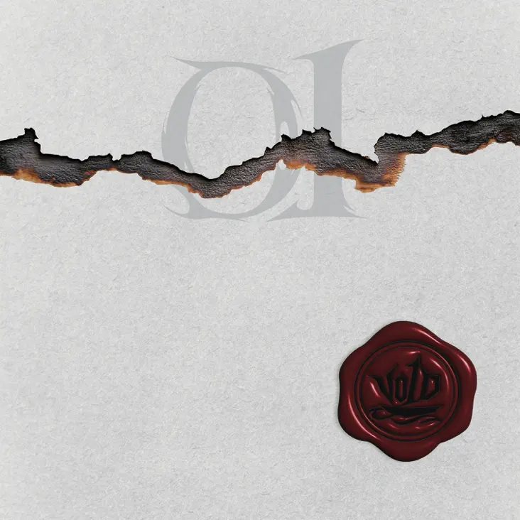 V01D Album 01 cover art. A textured white paper background with a jagged tear revealing a faded design. A red wax seal with an intricate emblem is positioned at the bottom right corner.