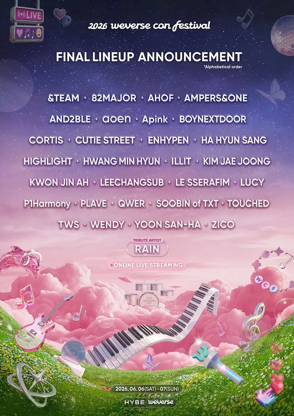 Final lineup announcement for the 2026 Weverse Con Festival featuring various artists in alphabetical order, with a colorful, whimsical background including musical instruments and clouds.
