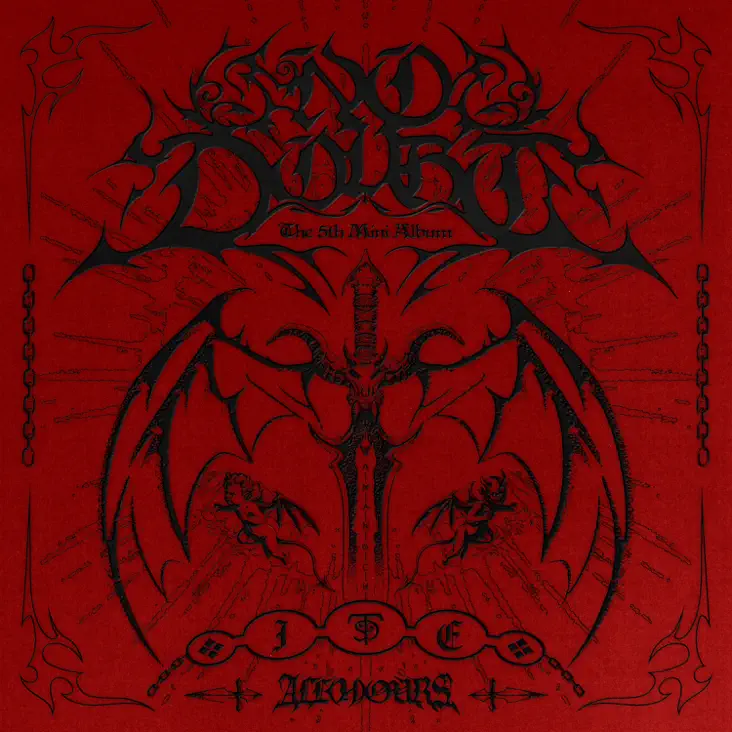 ALL(H)OURS No Doubt EP Album cover for the fifth mini album by a band, featuring a red background with intricate black designs, including a central sword and winged figures.