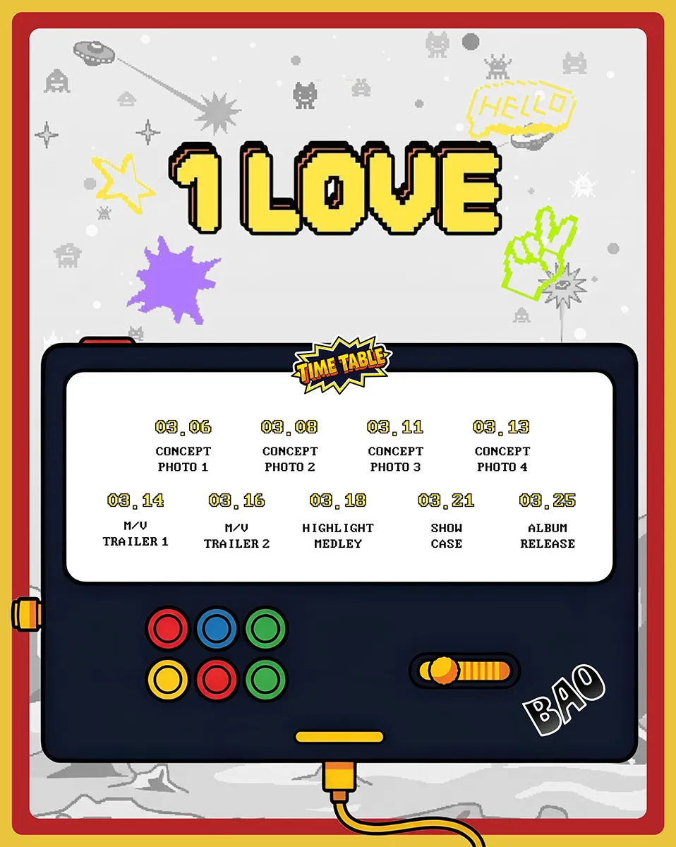 BAO 1st Single Album – 1LOVE Comeback Schedule 2026. A colorful timetable for a music release, featuring playful graphics including stars and aliens, with dates and events listed for concept photos, trailers, a highlight medley, a showcase, and an album release.