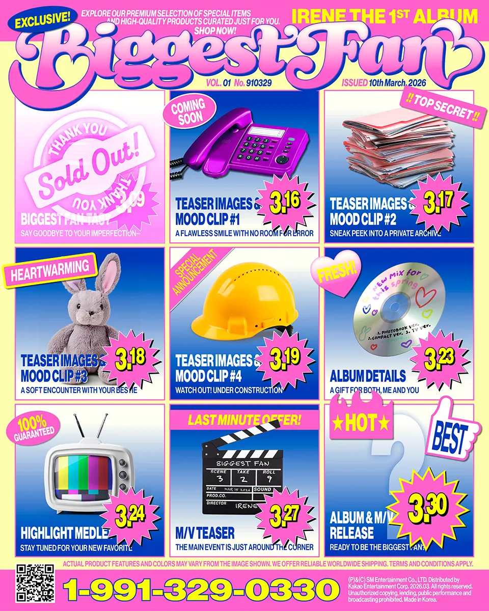 Promotional flyer for IRENE 1st Album 'Biggest Fan' comeback Schedule 2026 featuring various sections including teaser images, special announcements, and last minute offers. Highlights include colorful graphics, phone, and various icons related to music and film.