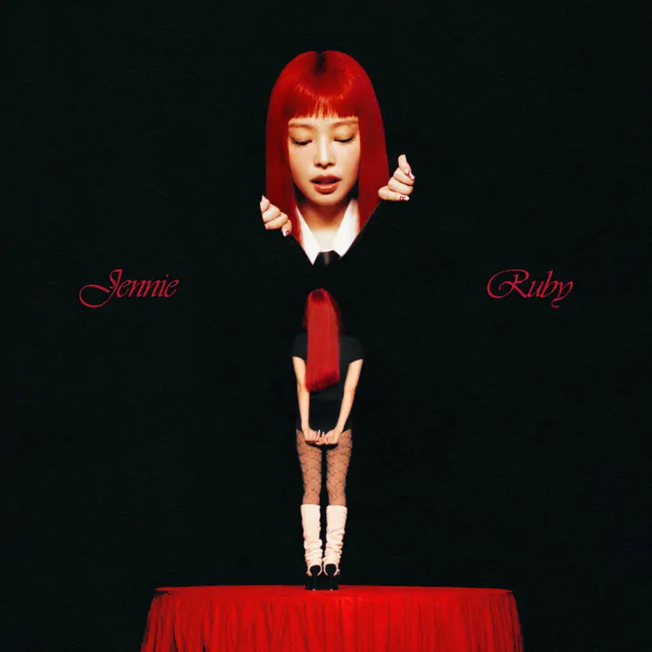 A creative representation of a woman with red hair in a split design, showcasing two perspectives labeled 'Jennie' and 'Ruby', against a black background.