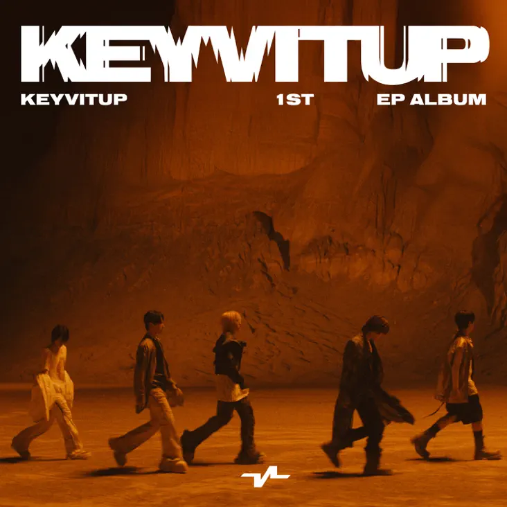 Five members of the music group KEYVITUP walking in a desert-like terrain, with warm orange lighting in the background and the text 'KEYVITUP 1ST EP ALBUM' at the top.