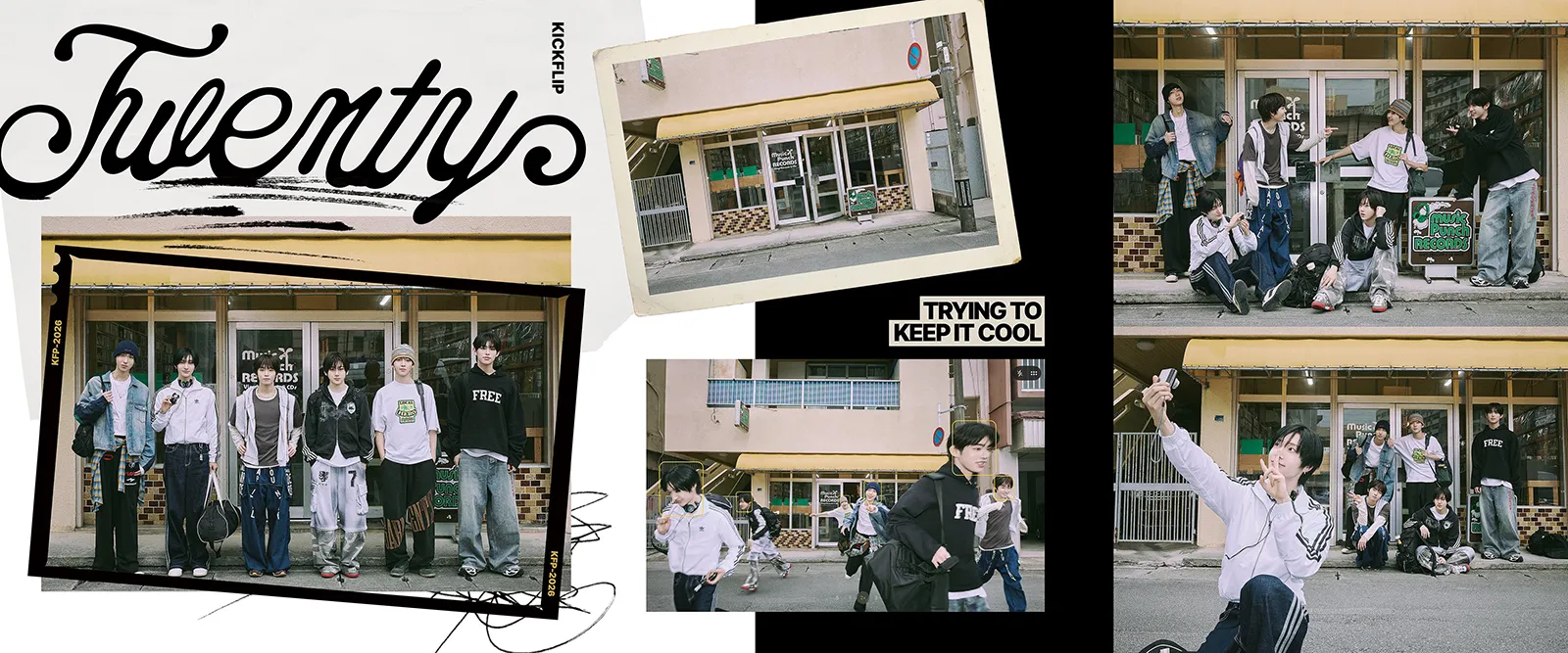KickFlip members teaser for Twenty. A group of seven young men posing casually in front of a storefront, wearing trendy streetwear. The scene conveys a relaxed vibe, with the men smiling and interacting with each other.