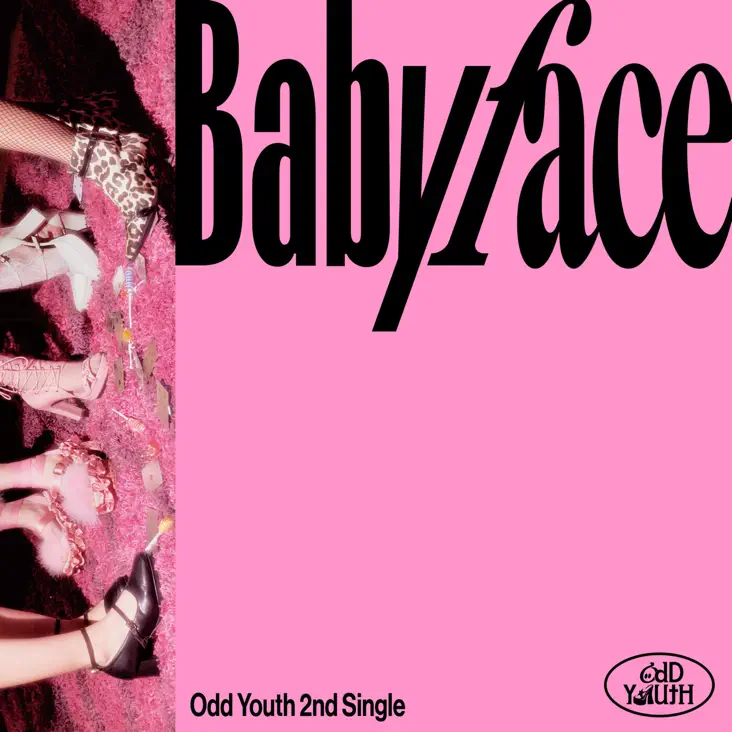 Album cover for 'Babyface' by Odd Youth, featuring a pink background with the title in bold black font and two pairs of decorated shoes in the foreground.