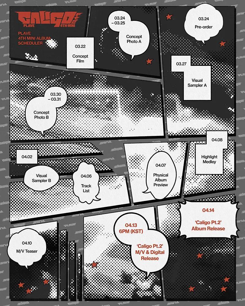 Plave's 4th mini album schedule featuring dates and events leading up to the album release, including concept photos, teasers, and previews.