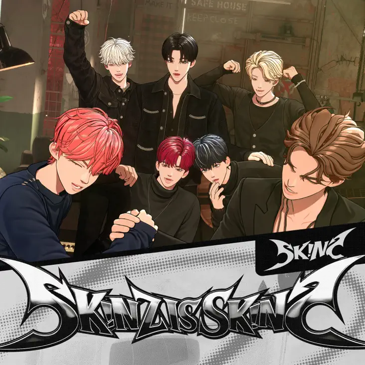 An illustrated group of six male characters with varying hair colors, dressed in black outfits, engaged in a fun and energetic pose, featuring the title 'SKINZ is SKINZ' at the bottom.