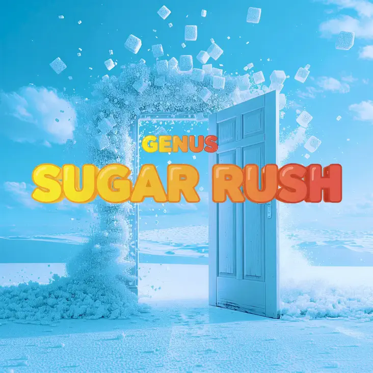 A whimsical digital illustration featuring an open door with colorful text 'GENUS SUGAR RUSH', surrounded by floating sugar cubes and a bright blue background.