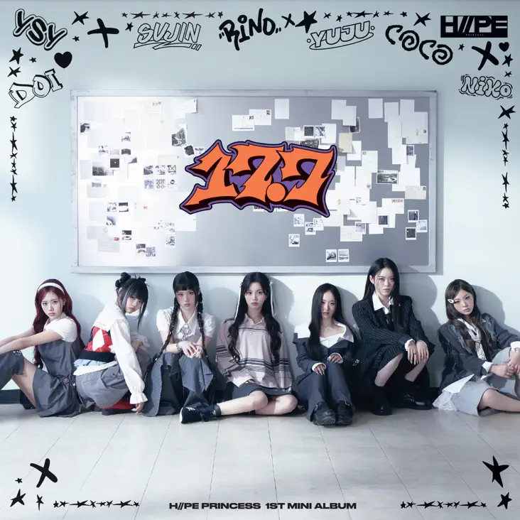 A promotional image for the H//PE Princess 1st Mini Album featuring seven young women in stylish outfits sitting together in front of a bulletin board filled with notes and pictures, with the text '17.7' prominently displayed in the center.