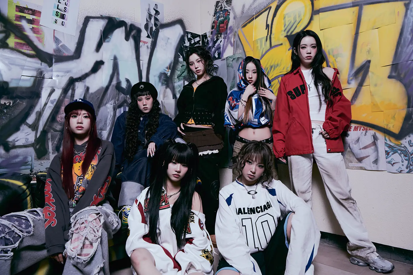 H//PE Princess Members. A group of young women posing together in urban attire against a graffiti-covered wall, showcasing a mix of streetwear styles.