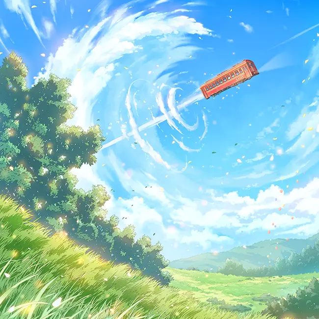 Album Cover Art of LUCY 2nd Full Album – Childish (2026). An illustrated scene of a red tram soaring through a blue sky, surrounded by swirling clouds and vibrant greenery below.