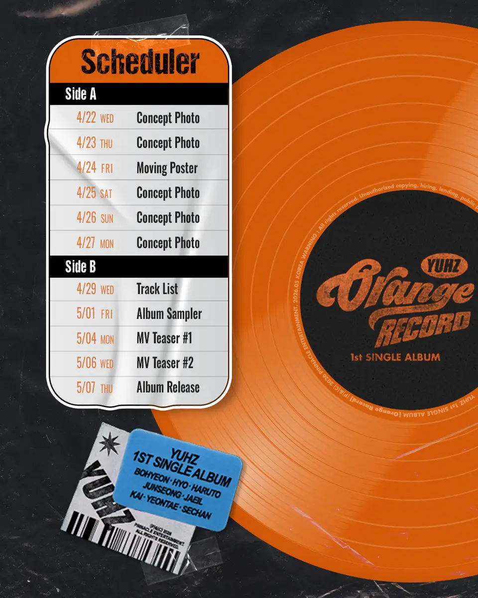 An orange vinyl record with a black label reading 'YUHZ Orange Record 1st Single Album'. Beside it is a scheduler listing release dates for concept photos, a moving poster, an album sampler, track list, and music video teasers.