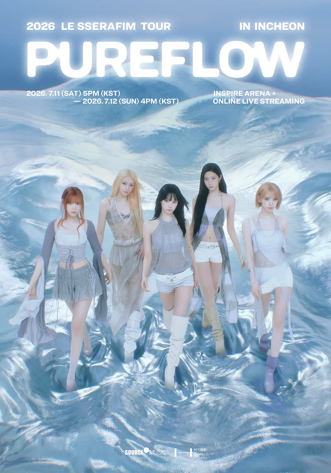 Promotional poster for the 2026 Le Sserafim Tour 'Pureflow' in Incheon, featuring five female performers in stylish outfits against a shimmering water background with tour dates.
