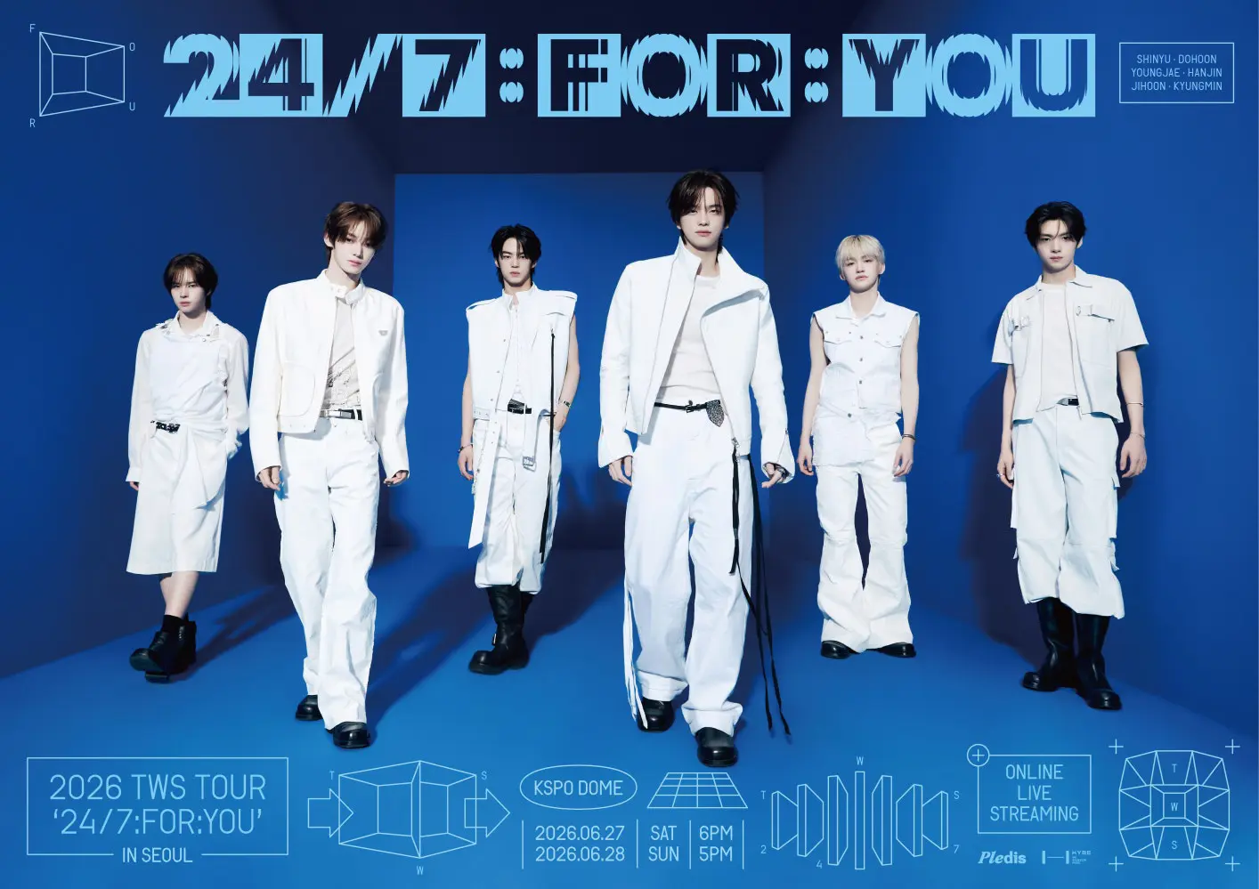 A promotional image for the 2026 TWS tour '24/7: FOR: YOU' in KSPO DOME Seoul featuring five members in stylish white outfits against a blue background. The text includes details about the event location and dates.