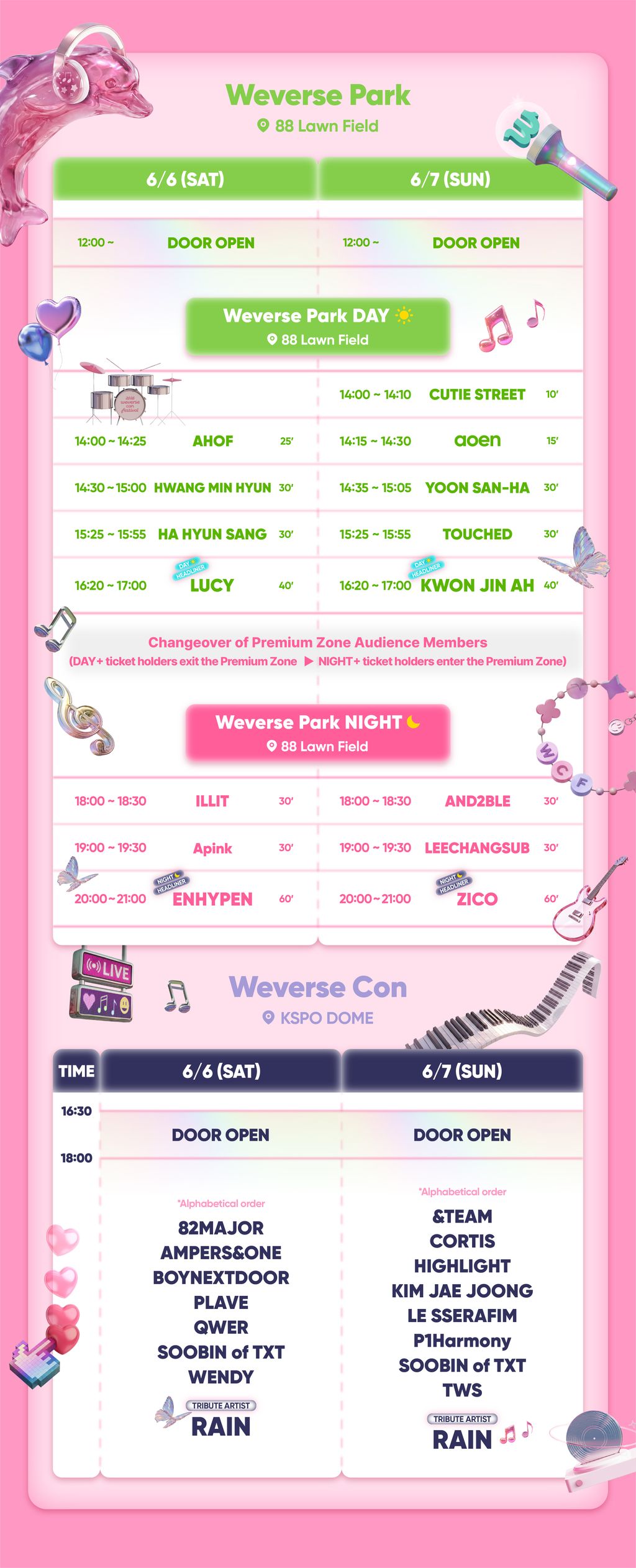 Event schedule for Weverse Park on June 6 and 7, featuring various performances and artists at 88 Lawn Field and KSPO Dome.