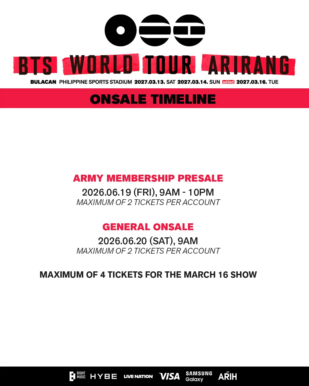 Ticket Sales Schedule BTS ARIRANG TOUR in Philippines 2027