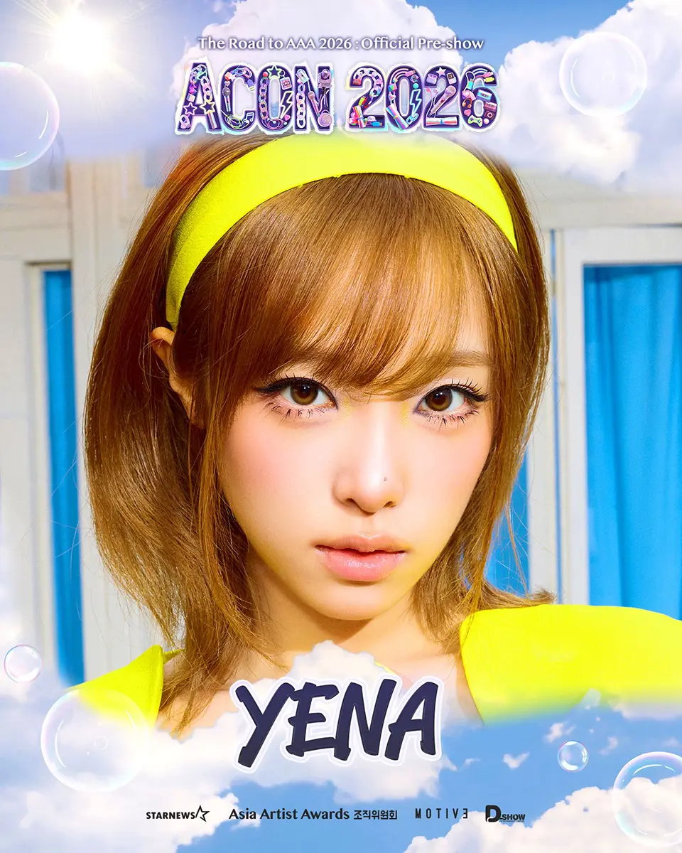 A close-up portrait of a young woman with light brown hair and a yellow headband, wearing bright yellow attire, set against a soft blue background with clouds. The text 'ACON 2026' and 'YENA' are visible in the image.