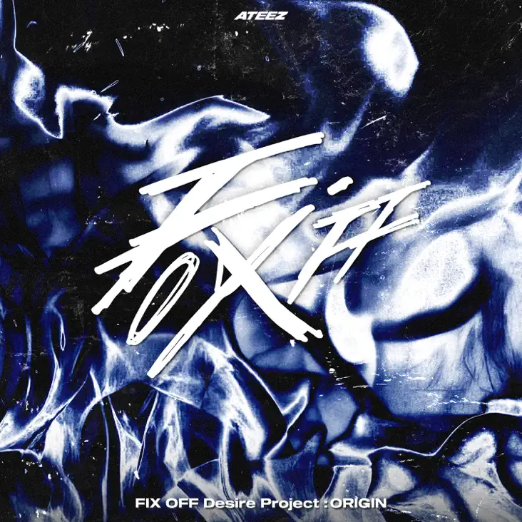 Cover art for Mingi (ATEEZ) 'FIX OFF Desire Project: ORIGIN' featuring dynamic blue and white abstract designs with bold typography.
