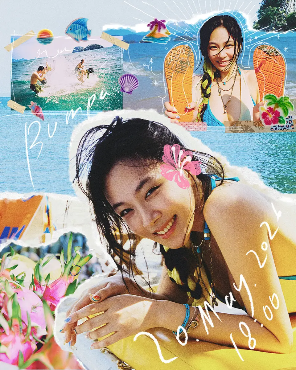 BIBI for Single – BUMPA (2026). Collage image featuring a smiling woman in a bikini near the beach, surrounded by tropical elements such as flowers, shells, and a vibrant ocean backdrop. The date '20 May 2026' is also included.