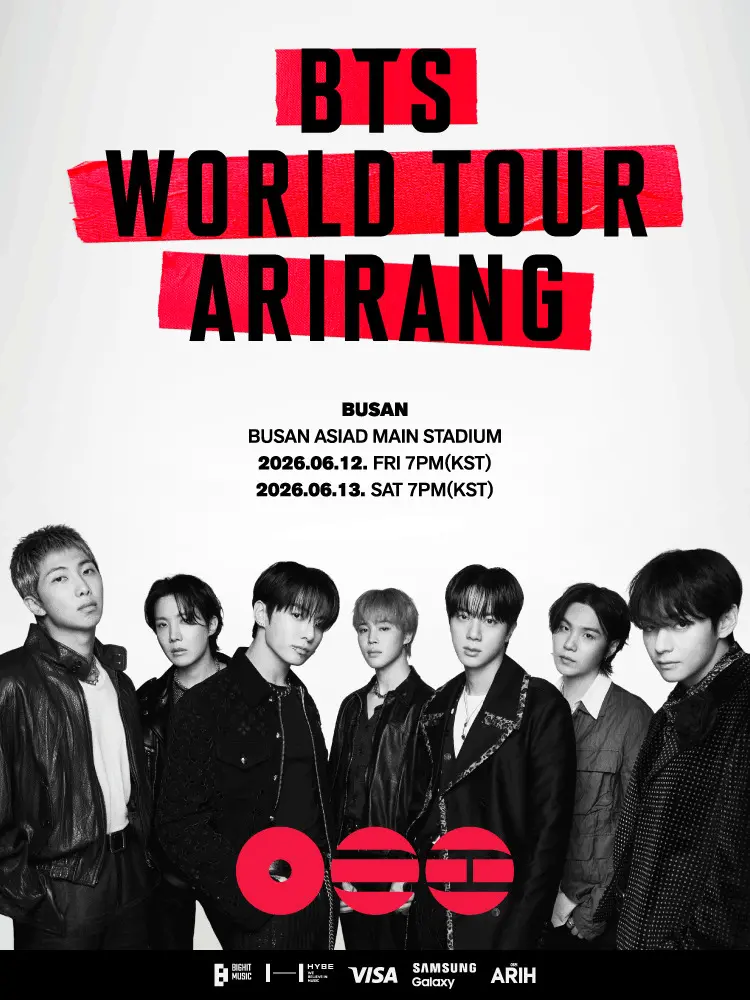 Promotional poster for BTS World Tour 'Arirang' featuring the group in stylish attire, with concert details including date, time, and location at Busan Asiad Main Stadium.