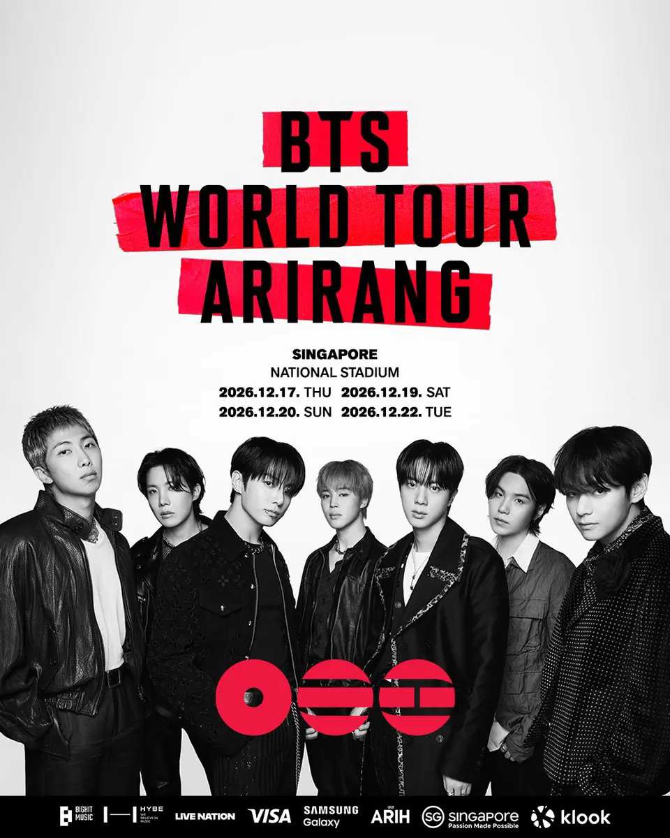 Promotional poster for BTS World Tour 'Arirang' featuring the band members, with concert dates and venue details for Singapore's National Stadium.