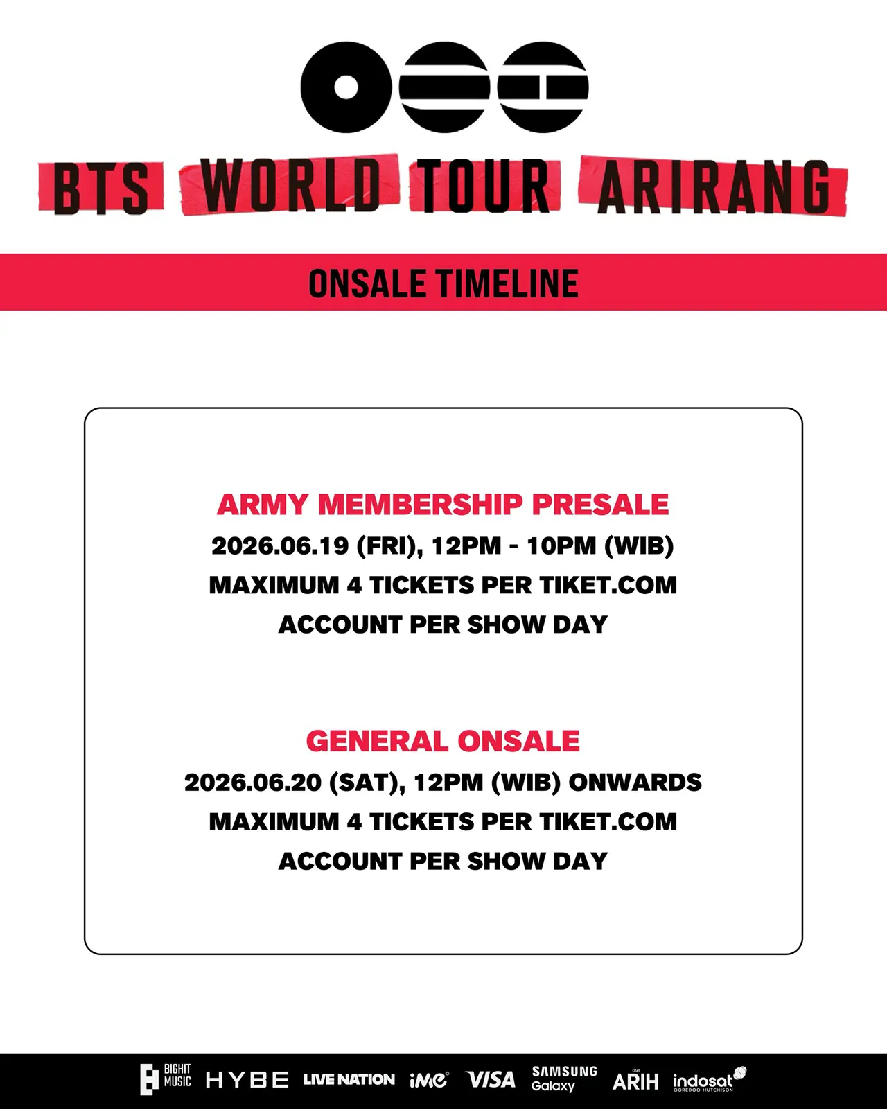 Ticket Sales Schedule BTS ARIRANG TOUR Jakarta GBK 2026