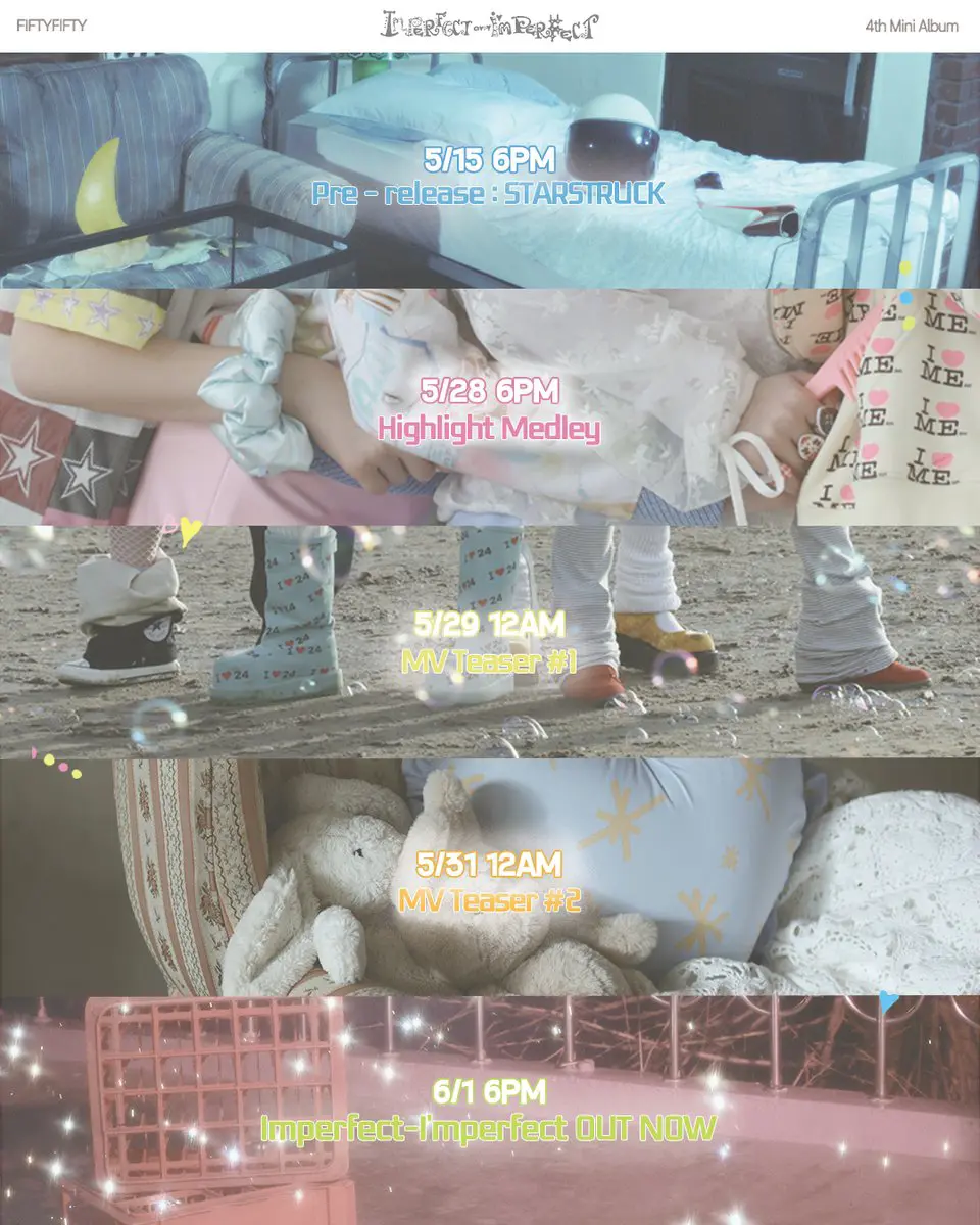 A colorful promotional image for the 4th mini album by the group FIFTY FIFTY, featuring a timeline of release dates and titles, including 'Pre-release: STARSTRUCK,' 'Highlight Medley,' and 'MV Teaser #1 & #2,' ending with 'Imperfect-Imperfect OUT NOW' in a whimsical design.