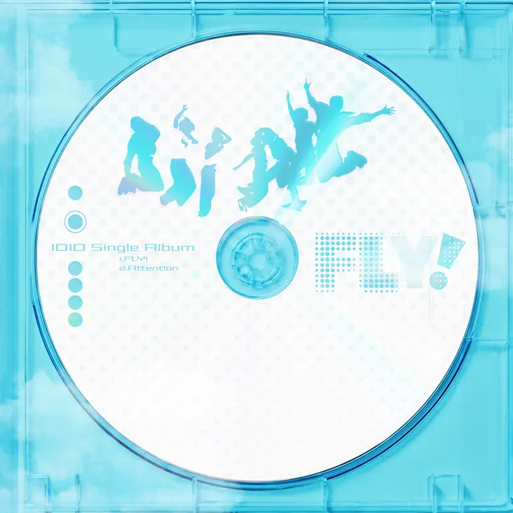 A blue-themed CD cover for the IDID single album 'FLY!' Album Cover, featuring the album title and tracklist on a circular disc design with silhouettes of people jumping.