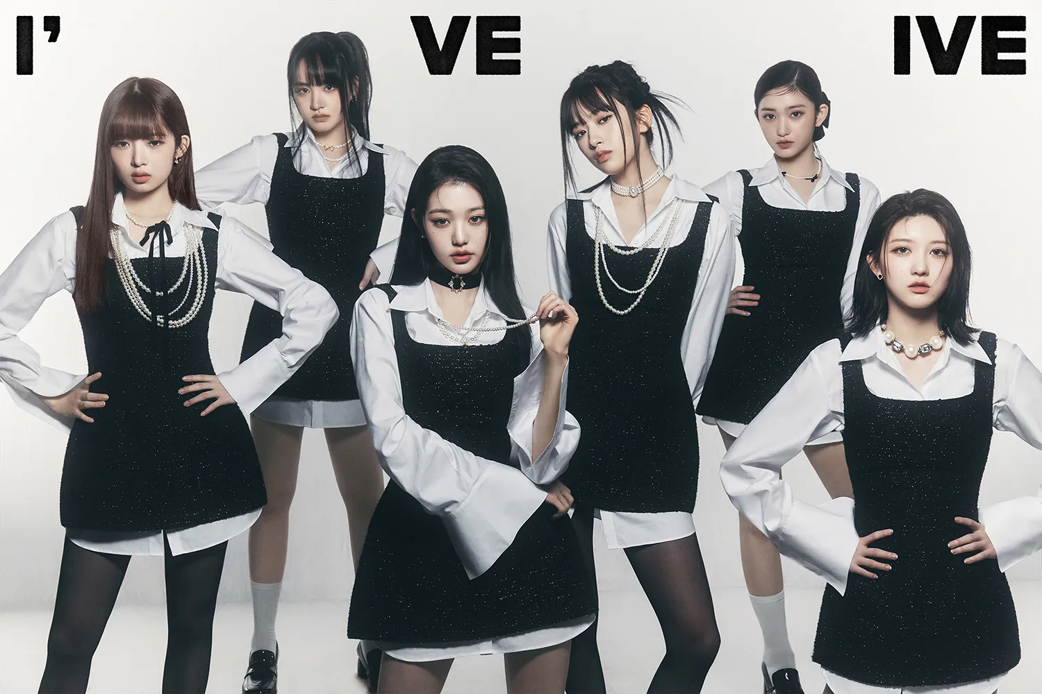 IVE members for full album I've IVEA group of five women posing in stylish black outfits with white shirts underneath, showcasing a fashionable and modern look.