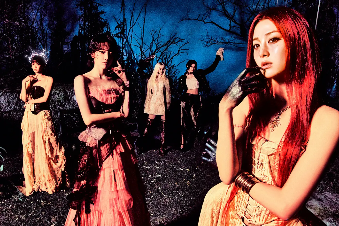 LE SSERAFIM members for 2nd Studio Album – PUREFLOW pt.1 (2026). A group of four women dressed in elaborate, gothic-style dresses against a dark, eerie background with trees and a blue sky. The women have various hairstyles and accessories, with striking makeup and poses.