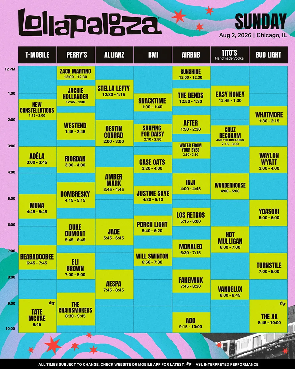 Lollapalooza schedule for Sunday, August 2, 2026, in Chicago, IL, featuring performance times and artist lineup across various stages.