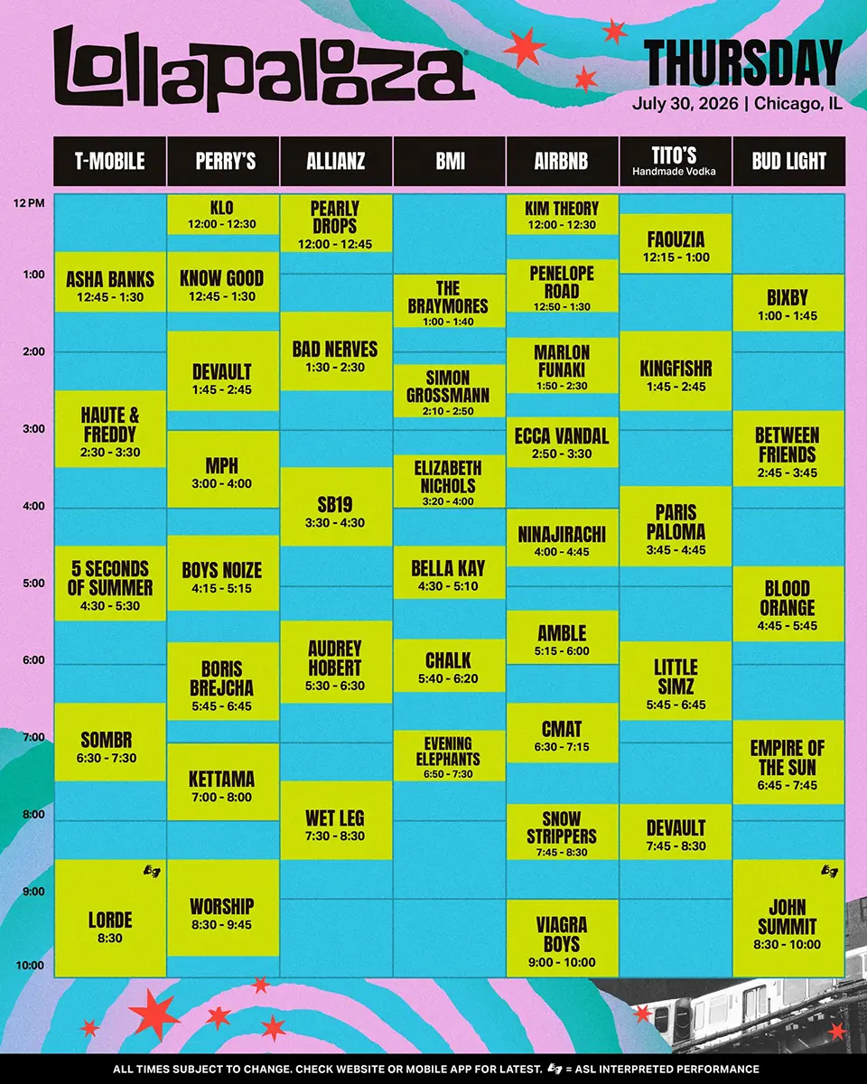 Lollapalooza schedule for Thursday, July 30, 2026, in Chicago, IL, featuring performance times and artists across various stages including T-Mobile, Perry's, Allianz, BMI, Airbnb, and Bud Light.