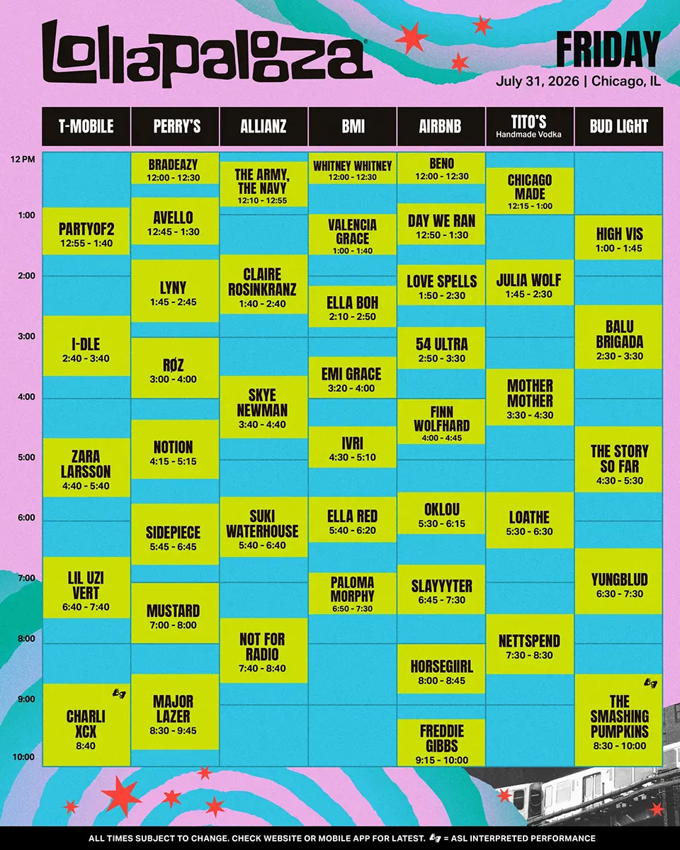 Lollapalooza schedule for Friday, July 31, 2026, in Chicago, IL, listing performance times and artists across multiple stages including T-Mobile, Perry's, Allianz, BMI, Airbnb, Tito's, and Bud Light.