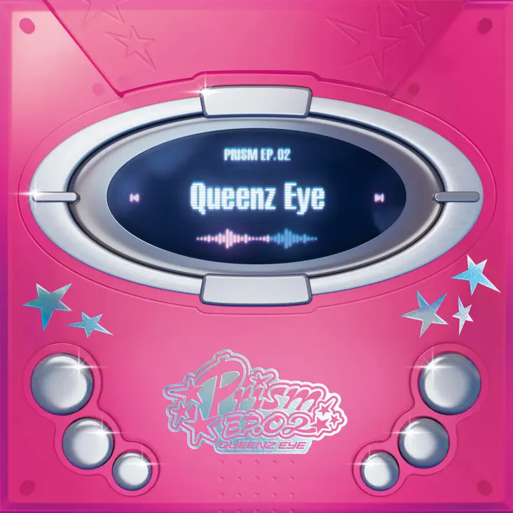A vibrant pink music player displaying the title 'Queenz Eye' and 'PRISM EP.02', featuring star decorations and buttons.