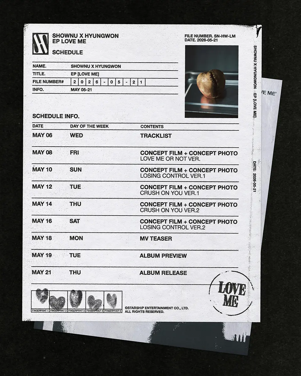 A detailed schedule for the EP 'Love Me' by Shownu and Hyungwon MONSTA X, including dates, days of the week, and content such as tracklist, concept films, teasers, and album release.