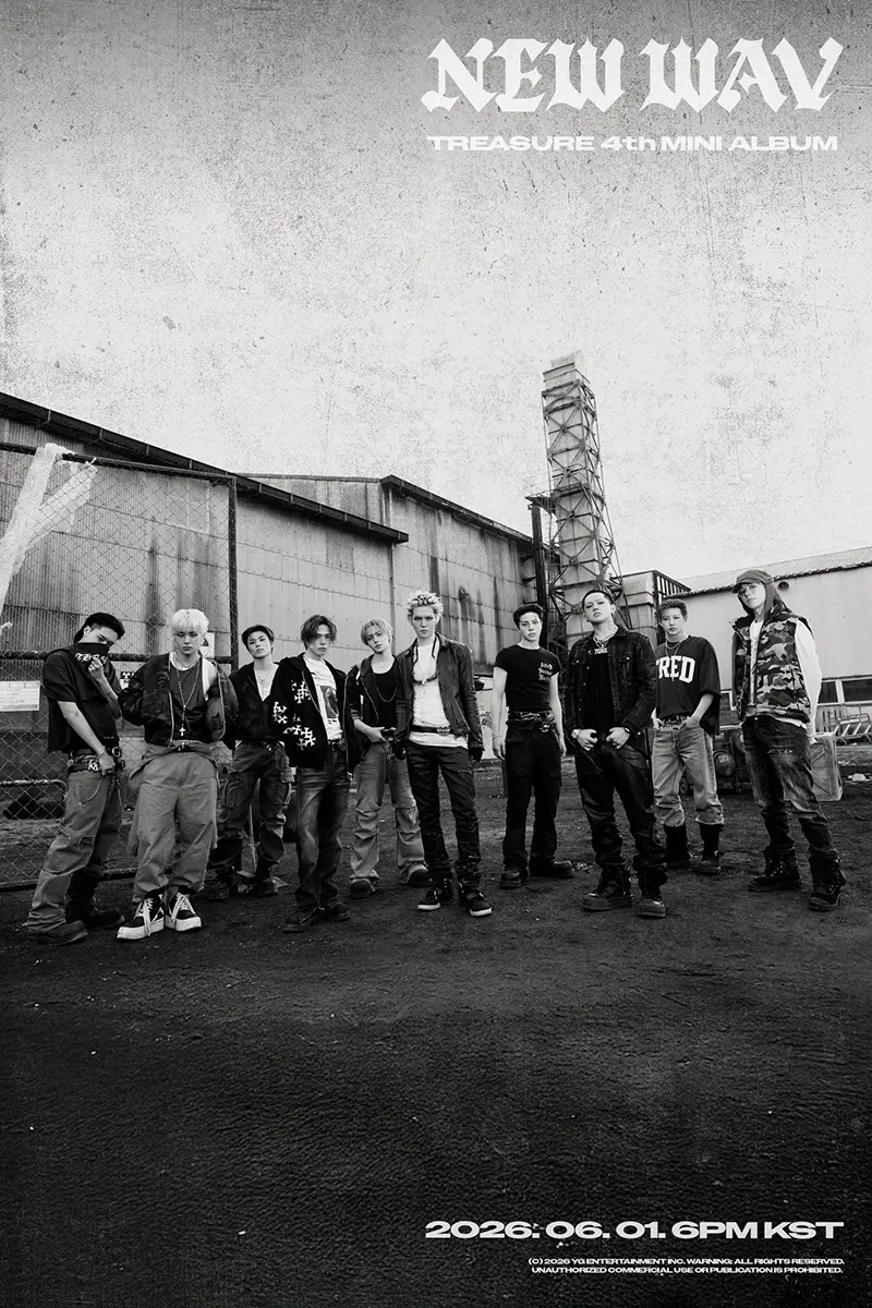 A group of eleven individuals posing in an industrial setting, wearing stylish urban clothing. The image is in black and white and promotes the 'New Wav' mini album by the group Treasure.