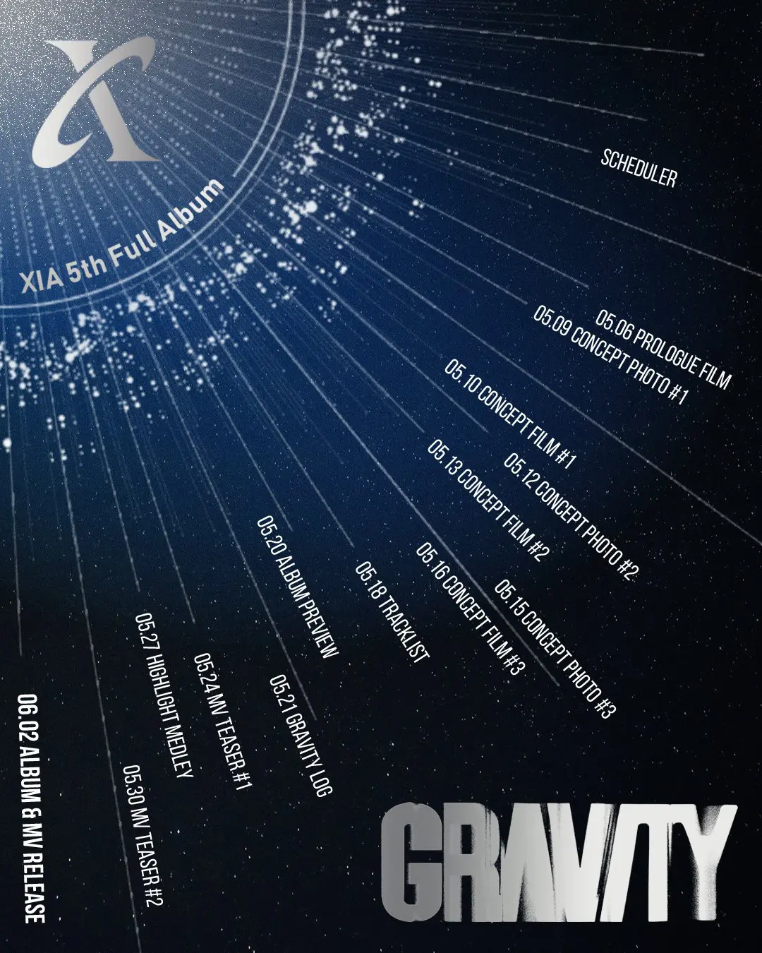 Schedule for XIA's 5th full album titled 'GRAVITY', featuring release dates for various concept films, teasers, and album preview.