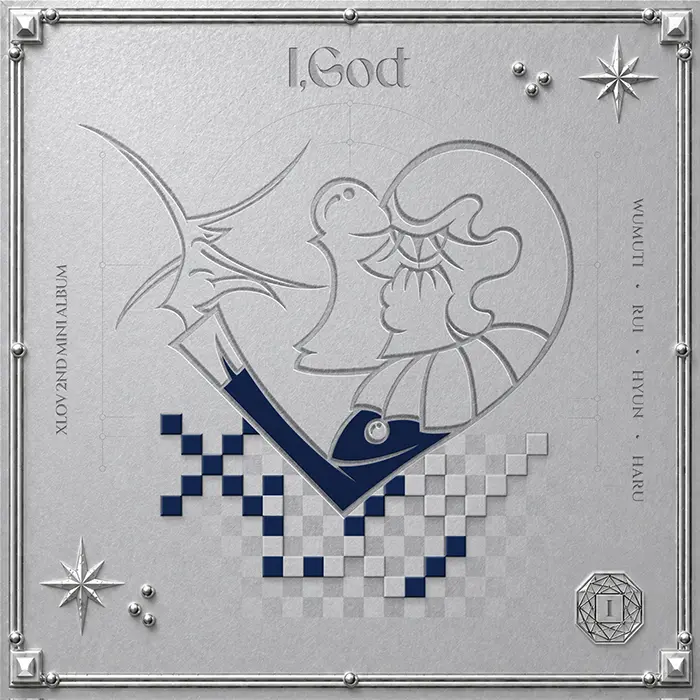 Album cover for 'I, God' by XLOV featuring an artistic design of a heart and abstract figures, with a silver background, checkerboard pattern at the bottom, and decorative elements like stars and dots.