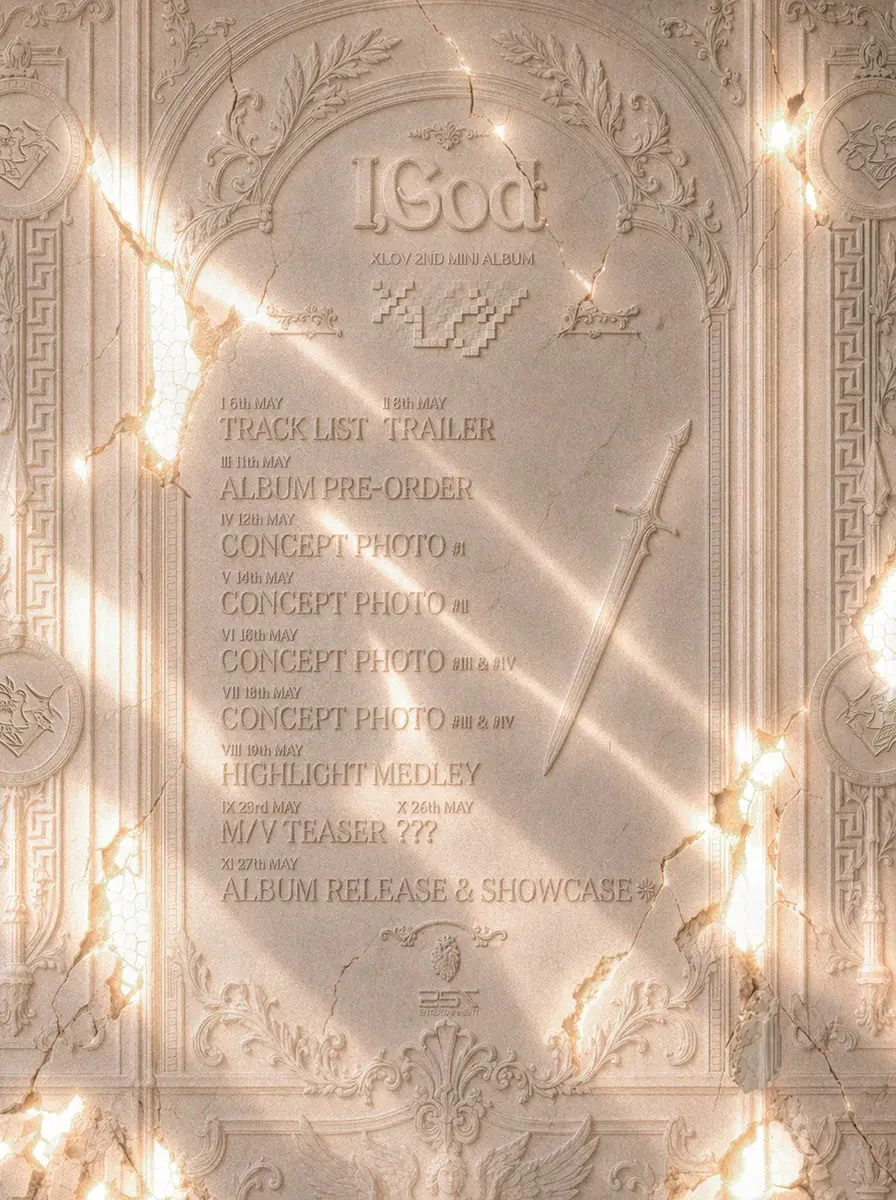 A decorative announcement for 'I, God,' the second mini-album by XLOY, featuring a detailed schedule of release events including a track list trailer, pre-order dates, concept photo reveals, and album showcase.
