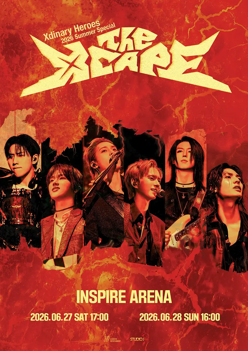 Promotional poster for Xdinary Heroes' 2026 Summer Special concert, featuring six members of the band against a fiery red background, with event details including date and venue.