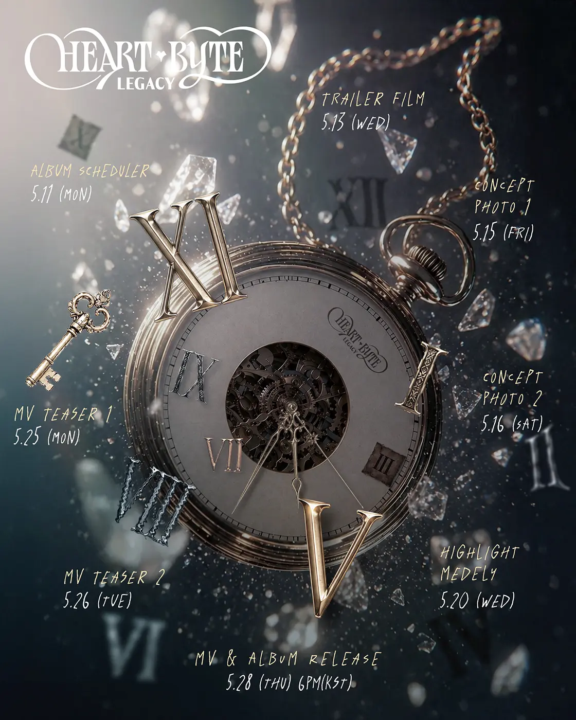 Promotional calendar for Heart of Woman the album 'Heart Byte: Legacy', featuring a vintage clock with upcoming release dates for trailers, teasers, and concert photos.