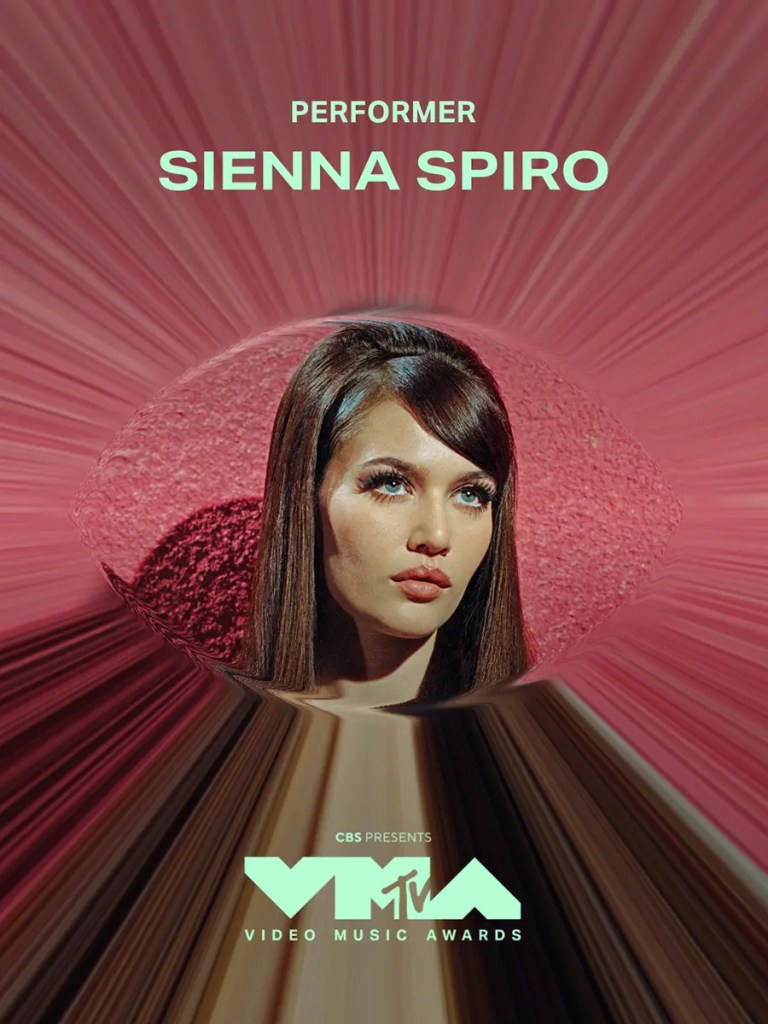 A stylized graphic featuring Sienna Spiro, highlighted as a performer for the MTV Video Music Awards, with a vibrant background and an eye-catching design.