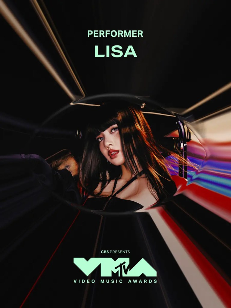 Promotional image for the MTV Video Music Awards featuring a performer with long black hair, styled with bangs, posing confidently with a microphone. The text 'PERFORMER LISA' is prominently displayed above her, and the MTV logo is at the bottom.