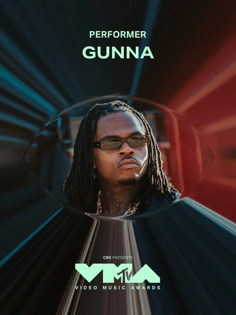 A promotional image for the MTV Video Music Awards featuring the performer Gunna, with graphic effects creating a dynamic background.